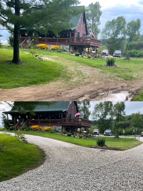 Before-and-after of new gravel driveway at A-frame log home
